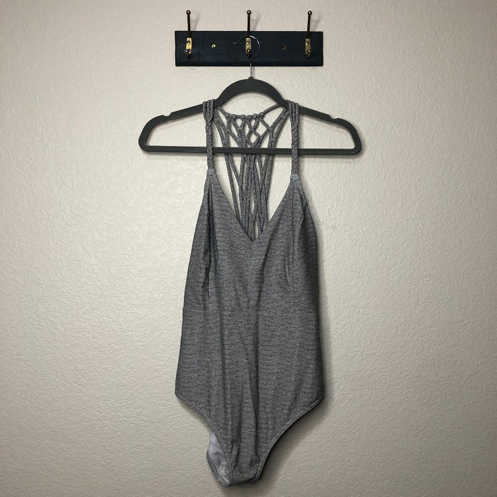 Prana Heathered Gray One-Piece Swimsuit NWT Women's L Strappy Back 50+ UPF